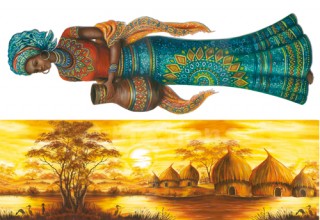 Découp. papír rýžový - Afričanka a africká vesnička