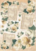 Découpage papír 70x50cm - Bílé růže se starými texty