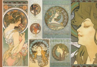Découp. papír rýžový 48x33cm - Mucha - profily žen, zlatédetaily