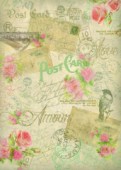 Découp. papír rýžový A4 - POSTCARD - pohlednice s růžemi a ptáčky