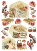 Découp. papír rýžový A4 - Vintage dopisy s ptáčky, zámky a růžemi